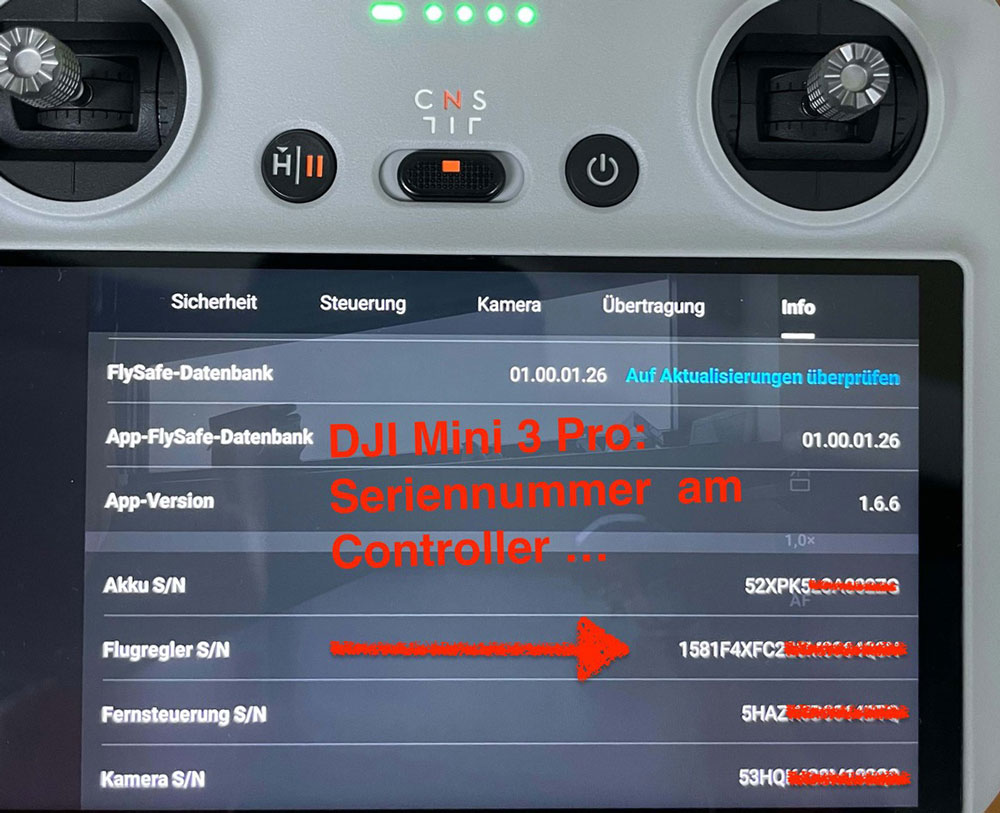 Seriennummer der DJI Mini 3 Pro auch am Controller