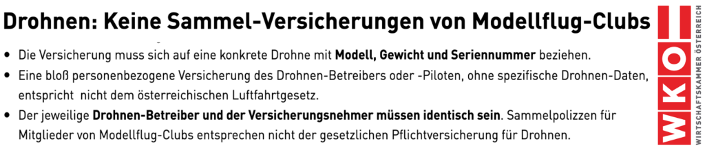 Drohne versichern über Modellflug-Club entspricht nicht dem Luftfahrtgesetz
Österreichische Wirtschaftskammer, 27.11.2024.