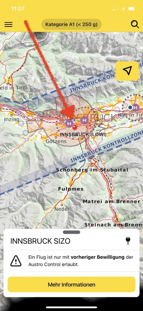 Drohnenkarte ÖAMTC, Sicherheitszone Flughafen Innsbruck