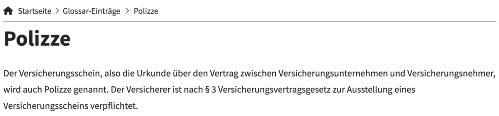 Österreichische Finanzmarktaufsicht, FMA: Definition Versicherungsschein und Polizze gemäß Versicherungsvertragsgesetz