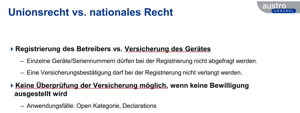 Drohnen: Austro Control & BMK (08.10.2020): Registrierung des Betreibers vs. Versicherung des Gerätes – Folie 11 (Auszug)