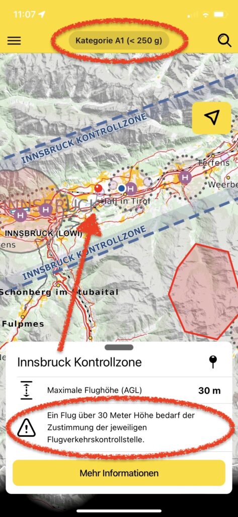 Drohnenkarte ÖAMTC, Kontrollzone Flughafen Innsbruck